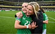 23 September 2023; Izzy Atkinson of Republic of Ireland and Interim assistant coach Emma Byrne after their side's victory in the UEFA Women's Nations League B1 match between Republic of Ireland and Northern Ireland at Aviva Stadium in Dublin. Photo by Stephen McCarthy/Sportsfile