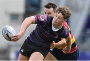 23 September 2023; Aran Egan of Terenure College is tackled by Andy Marks of Lansdowne during the Leinster Senior Cup final match between Lansdowne and Terenure College at Energia Park in Dublin. Photo by Matt Browne/Sportsfile