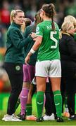 23 September 2023; Saoirse Noonan of Republic of Ireland, left, and Caitlin Hayes celebrate after their side's victory in the UEFA Women's Nations League B1 match between Republic of Ireland and Northern Ireland at Aviva Stadium in Dublin. Photo by Ben McShane/Sportsfile