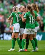 23 September 2023; Lily Agg of Republic of Ireland, centre, celebrates with team-mates after socring her side's third goal during the UEFA Women's Nations League B1 match between Republic of Ireland and Northern Ireland at Aviva Stadium in Dublin. Photo by Stephen McCarthy/Sportsfile