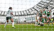 23 September 2023; Lily Agg of Republic of Ireland heads to score her side's third goal during the UEFA Women's Nations League B1 match between Republic of Ireland and Northern Ireland at Aviva Stadium in Dublin. Photo by Stephen McCarthy/Sportsfile