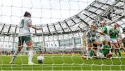 23 September 2023; Lily Agg of Republic of Ireland heads to score her side's third goal during the UEFA Women's Nations League B1 match between Republic of Ireland and Northern Ireland at Aviva Stadium in Dublin. Photo by Stephen McCarthy/Sportsfile