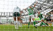 23 September 2023; Lily Agg of Republic of Ireland, right, celebrates after scoring her side's third goal during the UEFA Women's Nations League B1 match between Republic of Ireland and Northern Ireland at Aviva Stadium in Dublin. Photo by Stephen McCarthy/Sportsfile
