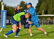 22 September 2023; Elite player development officer Aaron Dundon and Paddy McCarthy of Leinster before the pre season friendly match between Leinster and Ulster at Navan RFC in Navan, Meath. Photo by Sam Barnes/Sportsfile