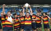 23 September 2023; Lansdowne captain Cillian Redmond lifts the cup alongside his teammates after the Leinster Senior Cup Final match between Lansdowne and Terenure College at Energia Park in Dublin. Photo by Matt Browne/Sportsfile