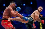23 September 2023; Kasim Aras, left, in action against Sergey Bilostenniy in their Heavyweight bout during the Bellator 299 at 3 Arena in Dublin. Photo by David Fitzgerald/Sportsfile