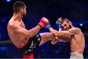 23 September 2023; Asaël Adjoudj, left, in action against Ibrahim Al-Faqih Hassan in their Featherweight bout during the Bellator 299 at 3 Arena in Dublin. Photo by David Fitzgerald/Sportsfile