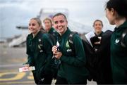 23 September 2023; Republic of Ireland's Abbie Larkin at Dublin Airport ahead of their chartered flight to Budapest for their UEFA Women's Nations League B1 match against Hungary, on Tuesday. Photo by Stephen McCarthy/Sportsfile