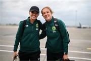 23 September 2023; Republic of Ireland's Katie McCabe, left, and Grace Moloney at Dublin Airport ahead of their chartered flight to Budapest for their UEFA Women's Nations League B1 match against Hungary, on Tuesday. Photo by Stephen McCarthy/Sportsfile