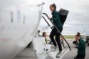 23 September 2023; Republic of Ireland's Caitlin Hayes at Dublin Airport ahead of their chartered flight to Budapest for their UEFA Women's Nations League B1 match against Hungary, on Tuesday. Photo by Stephen McCarthy/Sportsfile
