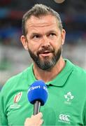 23 September 2023; Ireland head coach Andy Farrell is interviewed before the 2023 Rugby World Cup Pool B match between South Africa and Ireland at Stade de France in Paris, France. Photo by Brendan Moran/Sportsfile