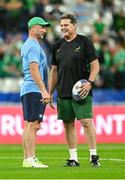 23 September 2023; Ireland assistant coach Mike Catt, left, and South Africa director of rugby Rassie Erasmus before the 2023 Rugby World Cup Pool B match between South Africa and Ireland at Stade de France in Paris, France. Photo by Brendan Moran/Sportsfile