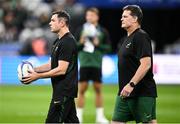 23 September 2023; South Africa director of rugby Rassie Erasmus, right, and South Africa assistant coach Felix Jones before the 2023 Rugby World Cup Pool B match between South Africa and Ireland at Stade de France in Paris, France. Photo by Ramsey Cardy/Sportsfile