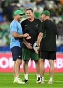 23 September 2023; Ireland assistant coach Mike Catt, left, and South Africa director of rugby Rassie Erasmus, centre, and South Africa head coach Jacques Nienaber before the 2023 Rugby World Cup Pool B match between South Africa and Ireland at Stade de France in Paris, France. Photo by Brendan Moran/Sportsfile
