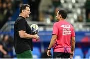 23 September 2023; South Africa director of rugby Rassie Erasmus talks to assistant referee Mathieu Raynal before the 2023 Rugby World Cup Pool B match between South Africa and Ireland at Stade de France in Paris, France. Photo by Harry Murphy/Sportsfile