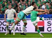 23 September 2023; Jamison Gibson-Park of Ireland has a kick charged down by Eben Etzebeth of South Africa during the 2023 Rugby World Cup Pool B match between South Africa and Ireland at Stade de France in Paris, France. Photo by Ramsey Cardy/Sportsfile