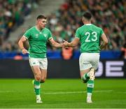 23 September 2023; Garry Ringrose, left, is temporary substituted by Robbie Henshaw of Ireland during the 2023 Rugby World Cup Pool B match between South Africa and Ireland at Stade de France in Paris, France. Photo by Brendan Moran/Sportsfile