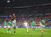 23 September 2023; James Lowe of Ireland kicks clear while under pressure from Eben Etzebeth of South Africa during the 2023 Rugby World Cup Pool B match between South Africa and Ireland at Stade de France in Paris, France. Photo by Ramsey Cardy/Sportsfile