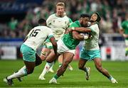 23 September 2023; Bundee Aki of Ireland is tackled by Cheslin Kolbe of South Africa, right, during the 2023 Rugby World Cup Pool B match between South Africa and Ireland at Stade de France in Paris, France. Photo by Harry Murphy/Sportsfile