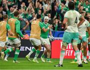 23 September 2023; Mack Hansen of Ireland celebrates scoring the first try of the game in the 33rd minute during the 2023 Rugby World Cup Pool B match between South Africa and Ireland at Stade de France in Paris, France. Photo by Brendan Moran/Sportsfile