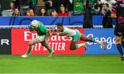 23 September 2023; Mack Hansen of Ireland on his way to score the first try of the game, in the 33rd minute, during the 2023 Rugby World Cup Pool B match between South Africa and Ireland at Stade de France in Paris, France. Photo by Brendan Moran/Sportsfile