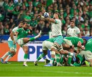 23 September 2023; Jamison Gibson-Park of Ireland has a clearance blocked by RG Snyman of South Africa during the 2023 Rugby World Cup Pool B match between South Africa and Ireland at Stade de France in Paris, France. Photo by Brendan Moran/Sportsfile