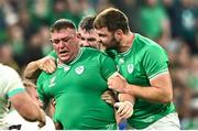 23 September 2023; Tadhg Furlong of Ireland, left, Peter O’Mahony, centre, and Iain Henderson celebrate a scrum penalty during the 2023 Rugby World Cup Pool B match between South Africa and Ireland at Stade de France in Paris, France. Photo by Harry Murphy/Sportsfile