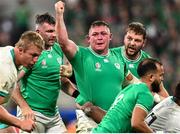 23 September 2023; Tadhg Furlong of Ireland, centre, and Iain Henderson celebrate winning a scrum penalty during the 2023 Rugby World Cup Pool B match between South Africa and Ireland at Stade de France in Paris, France. Photo by Ramsey Cardy/Sportsfile