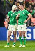 23 September 2023; Mack Hansen of Ireland, left, and team-mate Jonathan Sexton during the 2023 Rugby World Cup Pool B match between South Africa and Ireland at Stade de France in Paris, France. Photo by Harry Murphy/Sportsfile
