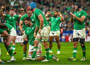 23 September 2023; Ireland players celebrate a scrum penalty during the 2023 Rugby World Cup Pool B match between South Africa and Ireland at Stade de France in Paris, France. Photo by Harry Murphy/Sportsfile
