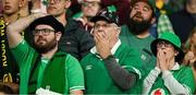 23 September 2023; Ireland supporters watch as Jack Crowley converts a late penalty during the 2023 Rugby World Cup Pool B match between South Africa and Ireland at Stade de France in Paris, France. Photo by Brendan Moran/Sportsfile