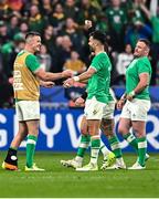 23 September 2023; Jonathan Sexton of Ireland, left, and Conor Murray celebrate after their side's victory in the 2023 Rugby World Cup Pool B match between South Africa and Ireland at Stade de France in Paris, France. Photo by Harry Murphy/Sportsfile