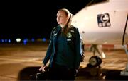 23 September 2023; Republic of Ireland's Megan Walsh at Budapest Ferenc Liszt International Airport after their chartered flight from Dublin for their UEFA Women's Nations League B1 match against Hungary, on Tuesday. Photo by Stephen McCarthy/Sportsfile
