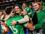 23 September 2023; Hugo Keenan of Ireland celebrates with his auntie Valerie after his side's victory in the 2023 Rugby World Cup Pool B match between South Africa and Ireland at Stade de France in Paris, France. Photo by Harry Murphy/Sportsfile