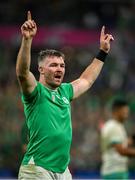 23 September 2023; Peter O'Mahony of Ireland celebrates victory in the 2023 Rugby World Cup Pool B match between South Africa and Ireland at Stade de France in Paris, France. Photo by Brendan Moran/Sportsfile