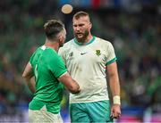 23 September 2023; Munster team mates Peter O'Mahony of Ireland and RG Snyman of South Africa shake hands after the 2023 Rugby World Cup Pool B match between South Africa and Ireland at Stade de France in Paris, France. Photo by Brendan Moran/Sportsfile