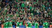 23 September 2023; Ireland supporters celebrate victory after the 2023 Rugby World Cup Pool B match between South Africa and Ireland at Stade de France in Paris, France. Photo by Brendan Moran/Sportsfile