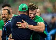 23 September 2023; Josh van der Flier of Ireland celebrates with Ireland assistant coach Mike Catt after the 2023 Rugby World Cup Pool B match between South Africa and Ireland at Stade de France in Paris, France. Photo by Brendan Moran/Sportsfile