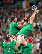 23 September 2023; Peter O’Mahony of Ireland, lifted by Rónan Kelleher, Garry Ringrose and Josh van der Flier, attempts to catch a restart during the 2023 Rugby World Cup Pool B match between South Africa and Ireland at Stade de France in Paris, France. Photo by Ramsey Cardy/Sportsfile
