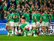 23 September 2023;  Ireland players celebrate at the final whistle of the 2023 Rugby World Cup Pool B match between South Africa and Ireland at Stade de France in Paris, France. Photo by Brendan Moran/Sportsfile