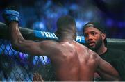 23 September 2023; Fabian Edwards, left, with his brother and UFC fighter Leon Edwards during his Middleweight fight during the Bellator 299 at 3 Arena in Dublin. Photo by David Fitzgerald/Sportsfile