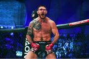 23 September 2023; Johnny Eblen celebrates after winning his Middleweight fight against Fabian Edwards during the Bellator 299 at 3 Arena in Dublin. Photo by David Fitzgerald/Sportsfile