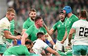 23 September 2023; Ireland players, from left, Iain Henderson, Tadhg Furlong, Caelan Doris and Tadhg Beirne celebrate winning a scrum penalty during the 2023 Rugby World Cup Pool B match between South Africa and Ireland at Stade de France in Paris, France. Photo by Ramsey Cardy/Sportsfile