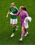 23 September 2023; Republic of Ireland goalkeeper Courtney Brosnan, right, and Diane Caldwell of Republic of Ireland during the UEFA Women's Nations League match between Republic of Ireland and Northern Ireland at Aviva Stadium in Dublin. Photo by Ben McShane/Sportsfile