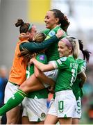 23 September 2023; Republic of Ireland players, from left, Claire O'Riordan, Katie McCabe and Denise O'Sullivan celebrate after team-mate Kyra Carusa, hidden, scored their side's second goal during the UEFA Women's Nations League B1 match between Republic of Ireland and Northern Ireland at Aviva Stadium in Dublin. Photo by Stephen McCarthy/Sportsfile