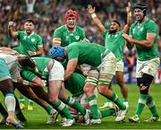 23 September 2023; Ireland players, from left, Hugo Keenan, Josh van der Flier, Bundee Aki and Caelan Doris celebrate a scrum penalty during the 2023 Rugby World Cup Pool B match between South Africa and Ireland at Stade de France in Paris, France. Photo by Harry Murphy/Sportsfile
