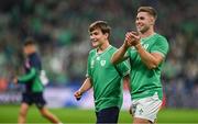 23 September 2023; Jack Crowley of Ireland and Gabriel Farrell, son of Ireland head coach Andy Farrell after the 2023 Rugby World Cup Pool B match between South Africa and Ireland at Stade de France in Paris, France. Photo by Brendan Moran/Sportsfile