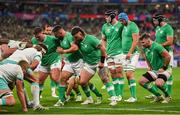 23 September 2023; The Ireland pack, from left, Tadhg Furlong, Rónan Kelleher, Andrew Porter, James Ryan, Tadhg Beirne, Peter O’Mahony and Caelan Doris prepare to pack down for scrum during the 2023 Rugby World Cup Pool B match between South Africa and Ireland at Stade de France in Paris, France. Photo by Brendan Moran/Sportsfile