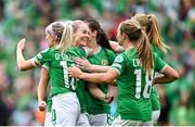 23 September 2023; Lily Agg of Republic of Ireland celebrates after scoring her side's third goal with team-mates, including Denise O'Sullivan, 10, and Kyra Carusa, 18, during the UEFA Women's Nations League B1 match between Republic of Ireland and Northern Ireland at Aviva Stadium in Dublin. Photo by Stephen McCarthy/Sportsfile