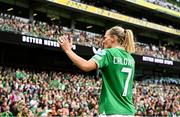 23 September 2023; Diane Caldwell of Republic of Ireland reacts towards supporters while leaving the pitch during a second half substitution during the UEFA Women's Nations League B1 match between Republic of Ireland and Northern Ireland at Aviva Stadium in Dublin. Photo by Stephen McCarthy/Sportsfile